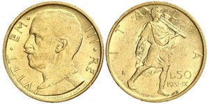 50 Лира Kingdom of Italy (1861-1946) Золото Виктор Эммануил III (1869 - 1947)