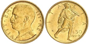 50 Лира Kingdom of Italy (1861-1946) Золото Виктор Эммануил III (1869 - 1947)