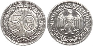 50 Рейхспфеніг / 50 Пфеніг Веймарська республіка (1918-1933) Нікель/Мідь 