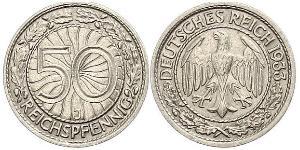 50 Рейхспфеніг / 50 Пфеніг Веймарська республіка (1918-1933) Нікель/Мідь 