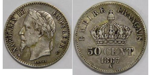 50 Сантім Second French Empire (1852-1870) Срібло Наполеон ІІІ Бонапарт (1808-1873)