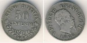 50 Сентесимо Kingdom of Italy (1861-1946) Серебро Victor Emmanuel II of Italy (1820 - 1878)