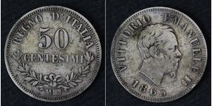 50 Сентесимо Kingdom of Italy (1861-1946) Серебро Victor Emmanuel II of Italy (1820 - 1878)