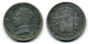50 Сентімо Королівство Іспанія (1874 - 1931) Срібло Alfonso XIII of Spain (1886 - 1941)