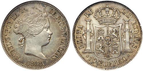 50 Сентімо Філіппіни Срібло Isabella II of Spain (1830- 1904)