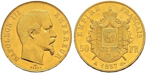 50 Франк Вторая французская империя (1852-1870) Золото Наполеон III Бонапарт (1808-1873)