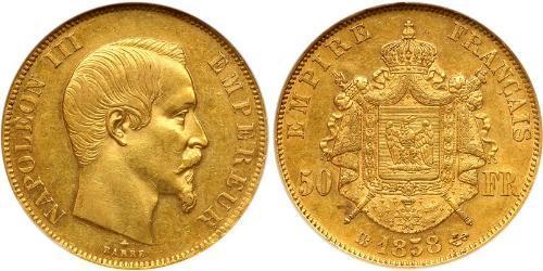 50 Франк Вторая французская империя (1852-1870) Золото Наполеон III Бонапарт (1808-1873)