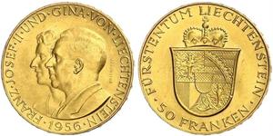 50 Франк Ліхтенштейн (1719 - ) Золото Franz Joseph II, Prince of Liechtenstein (1938 - 1989) 