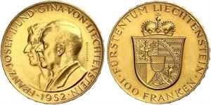 50 Франк Ліхтенштейн (1719 - ) Золото Franz Joseph II, Prince of Liechtenstein (1938 - 1989) 