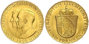 50 Франк Ліхтенштейн (1719 - ) Золото Franz Joseph II, Prince of Liechtenstein (1938 - 1989) 