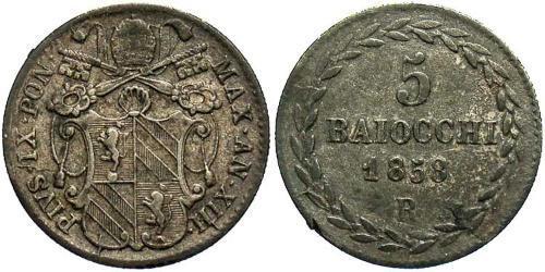 5 Baiocco 教皇国 (754 - 1870) 銀 Pope Pius IX (1792- 1878)