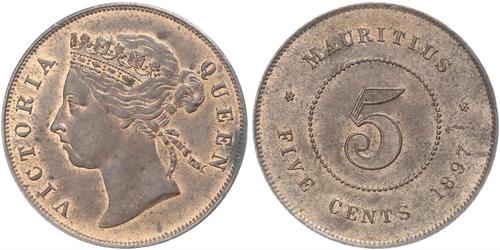 5 Cent Mauritius Bronzo Vittoria (1819 - 1901)