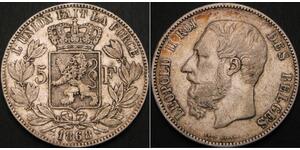 5 Franc Belgio Argento Leopold II (1835 - 1909)