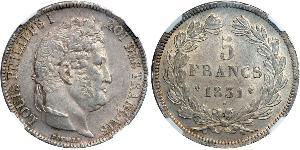 5 Franc Francia / Monarchia di Luglio (1830-1848) Argento Luigi Filippo di Francia (1773 -1850)