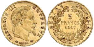 5 Franc Second French Empire (1852-1870) Gold Napoleon III (1808-1873)