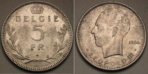 5 Franc Belgique Nickel Léopold III (roi des Belges)