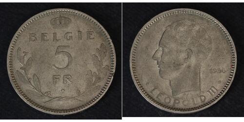 5 Franc Bélgica Níquel Leopoldo III de Bélgica