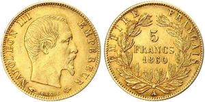 5 Franc Secondo Impero francese (1852-1870) Oro Napoleone III (1808-1873)