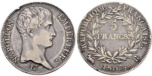 5 Franc Primer Imperio francés (1804-1814) Plata Napoleón Bonaparte(1769 - 1821)