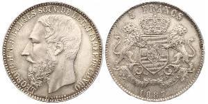 5 Franc Congo Free State (1885 - 1908) Silver Leopold II of Belgium(1835 - 1909)