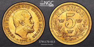 5 Krone 瑞典 金 奧斯卡二世 (1829-1907)