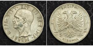 5 Lek Albanian Kingdom (1939-1943) Argento Vittorio Emanuele III d