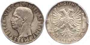5 Lek Albanian Kingdom (1939-1943) Plata Víctor Manuel III de Italia (1869 - 1947)