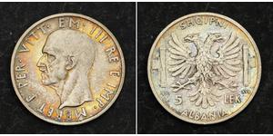 5 Lek Albanian Kingdom (1939-1943) Plata Víctor Manuel III de Italia (1869 - 1947)