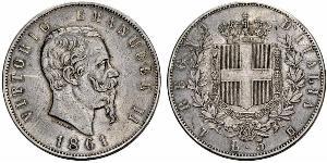 5 Lira Kingdom of Italy (1861-1946) Argent Victor Emmanuel II of Italy (1820 - 1878)