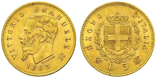 5 Lira Kingdom of Italy (1861-1946) Or Victor Emmanuel II of Italy (1820 - 1878)