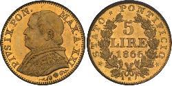 5 Lira Stato Pontificio (752-1870) Oro Papa Pio IX (1792- 1878)
