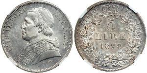 5 Lira Kirchenstaat (752-1870) Silber Pius IX (1792- 1878)