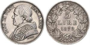 5 Lira Kirchenstaat (752-1870) Silber Pius IX (1792- 1878)