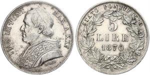 5 Lira Papal States (752-1870) Silver Pope Pius IX (1792- 1878)