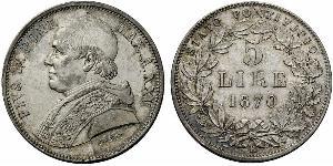5 Lira Papal States (752-1870) Silver Pope Pius IX (1792- 1878)