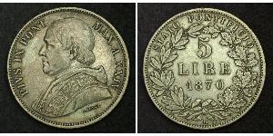 5 Lira Papal States (752-1870) Silver Pope Pius IX (1792- 1878)