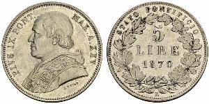5 Lira 教皇国 (754 - 1870) 銀 Pope Pius IX (1792- 1878)