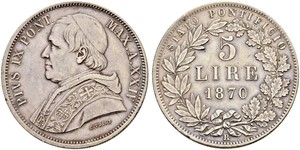 5 Lira 教皇国 (754 - 1870) 銀 Pope Pius IX (1792- 1878)