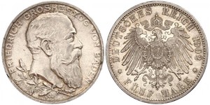 5 Mark Empire allemand (1871-1918) / Grand-duché de Bade (1806-1918) Argent Frédéric Ier de Bade (1826-1907) (1826 - 1907)