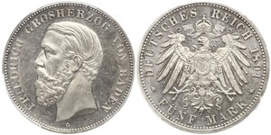 5 Mark Grand-duché de Bade (1806-1918) Argent Frédéric Ier de Bade (1826-1907) (1826 - 1907)