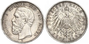 5 Mark Grand-duché de Bade (1806-1918) Argent Frédéric Ier de Bade (1826-1907) (1826 - 1907)