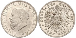 5 Mark Royaume de Bavière (1806 - 1918) Argent Louis III de Bavière (1845 – 1921)