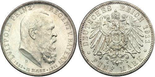 5 Mark Royaume de Bavière (1806 - 1918) Argent Othon Ier de Bavière(1848 – 1916)