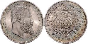 5 Mark Royaume de Wurtemberg (1806-1918) Argent Wilhelm II, German Emperor (1859-1941)
