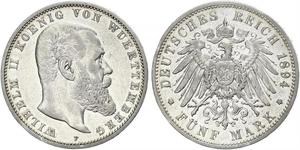 5 Mark Royaume de Wurtemberg (1806-1918) Argent Wilhelm II, German Emperor (1859-1941)