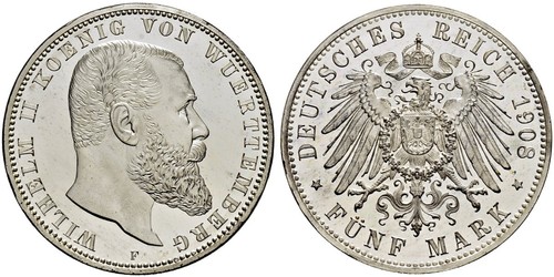 5 Mark Royaume de Wurtemberg (1806-1918) Argent Wilhelm II, German Emperor (1859-1941)