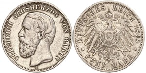5 Mark Grand Duchy of Baden (1806-1918) Argento Federico I di Baden (1826 - 1907)