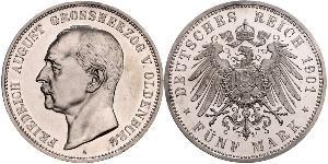 5 Mark Grand Duchy of Oldenburg (1814 - 1918) Argento Federico Augusto III di Sassonia (1865-1932)