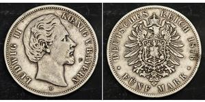 5 Mark Regno di Baviera (1806 - 1918) Argento Ludovico II di Baviera(1845 – 1886)