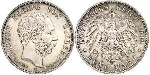 5 Mark Regno di Sassonia (1806 - 1918) Argento Alberto di Sassonia